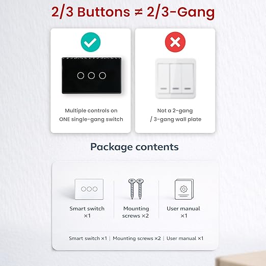 Smart Light Switch,3-Button,Aluminum Frame, Neutral Required,2.4GHz, Tuya Smart Life App,Voice Control,2.5D Curved-Edge Tempered Glass Panel,Black