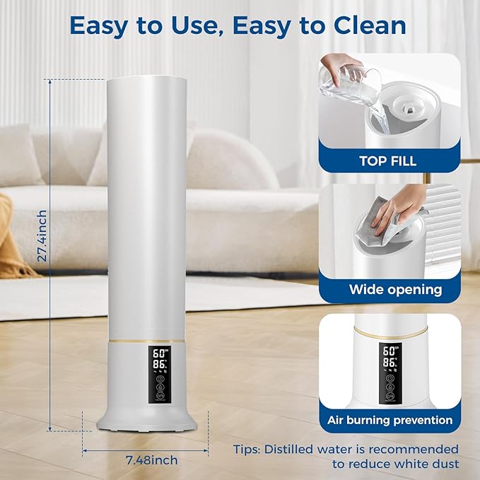 Humidifier Large Room,2.4Gal Cool Mist Humidifiers for Bedroom 9L High Capacity 24dB Quiet Air Humificador fit Removable Water Tank 360° Adjustable, Top Fill & Easy Clean with Remote Control (White)