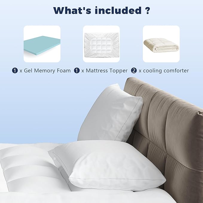 Queen 4 Inch Memory Foam Mattress Topper with Comforter,Dual Layer 2" Gel Memory Foam and 2" Mattress Pad for Back Pain Relief,Tencel Fabric,CertiPur-US Certified,White
