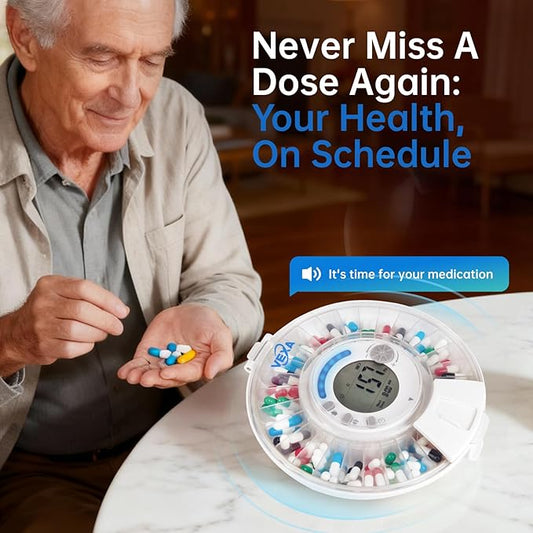 VEXA VitaMate 28 Smart Automatic Pill Organizer with Exclusive Self-Developed App, 28-Slot Monthly Medication Management, App-Connected Sound Alerts, Easy Flip-to-Dispense for Vitamins & Tablets