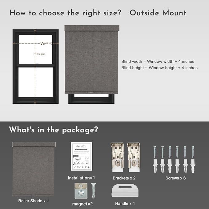 Persilux Blackout Roller Shades for Indoor Window Blinds,Cordless,Linen Fabric,Thermal Insulated Fabric UV Protection Shades for Home,Office,Bedroom,Door,Blackout-Stone Grey,Custom Size