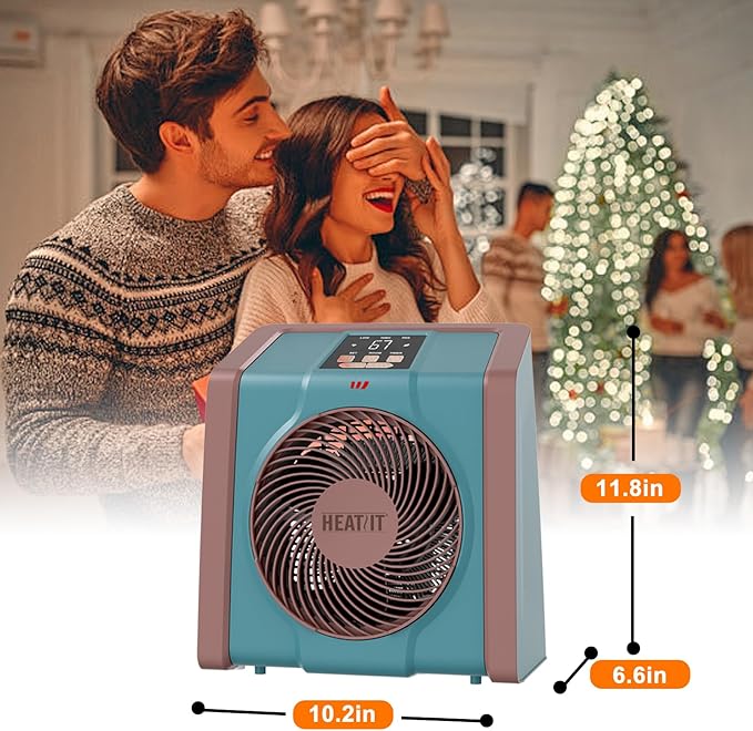 HEATIT Space Heater for Indoor, Digital Display with Thermostat, 1-12H Timer, Fan Mode,1500W/750W, Electric Space Heater for Office, Bedroom,Cyan,10.6"Dx7.0"W x 11.8"H