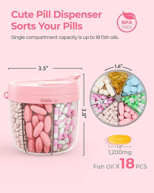 Cute Pill Dispenser with 7 Compartments, Pill Bottle Organizer with Anti-Mix Design, Portable Pill Organizer for Travel with Wide Mouth for Easy Access, BPA-Free Patented Pill Container, Pink