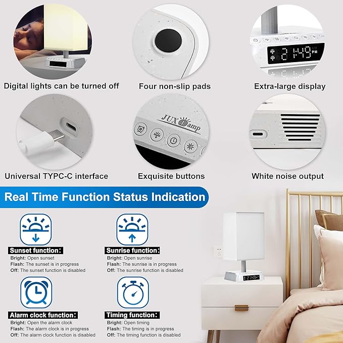 Sunrise Alarm Clock Wake Up Light - 3 Color LED with Sound & Light Awakening, Bioclock Adjustment & APP Control, Square Linen Shade for Bedroom Bedside
