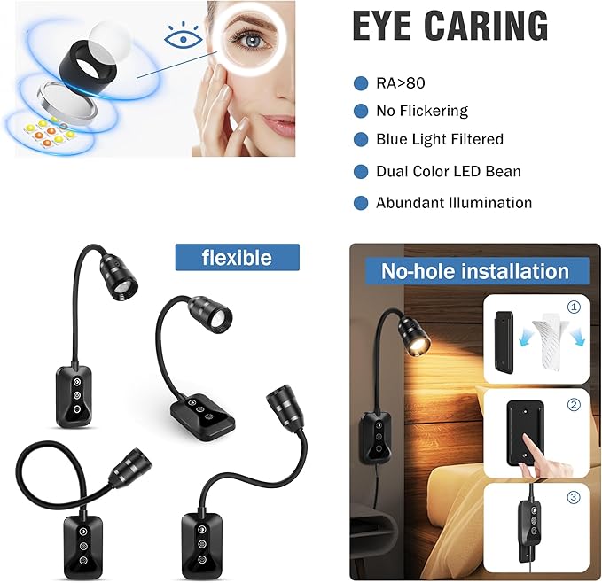 1 Pack Wall Mounted Headboard Reading Light, LED Dimmable Touch Control, Adjustable Neck, Ideal for Bedside, Office, or Reading(White)