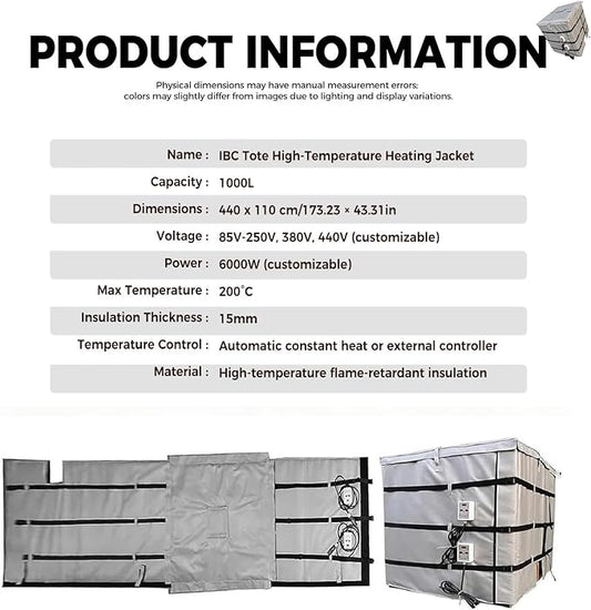 IBC Tote Heater Blanket, IBC Container Heater, 1000L, Smart Temperature Control up to 200°C, IBC Tote Blanket with Thermostat, for Petroleum, Chemical, Food Processing Grey