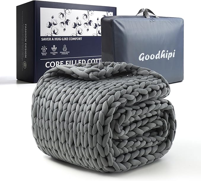 Hand-Knit Weighted Blanket for Adults,Chunky Knit Blanket, Cooling,Breathable,Sustainable,Machine Washable,Organic Cotton,Valentine's Day Birthday Gifts for Mom Women(Dark Grey,48"*72",12lb)