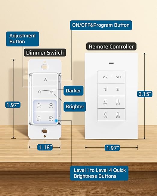 DEWENWILS Wireless Dimmer Switch, Electrical Light Switch, Magnetic Remote Control Dimmer, Tungsten 400W, Dimmable LED 150W, 4 Brightness Buttons, Needs Neutral Wire, No Hub Required, ETL Listed