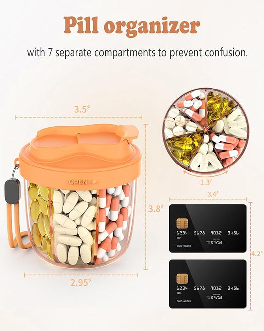 Pill Organizer with 7 Compartments, Pill Box Case for Holding 7 Different Vitamins, Anti-Mix Design for Easy Medication Retrieval. Travel Pill Organizer with 20 Labels.Pill Container(Orange)