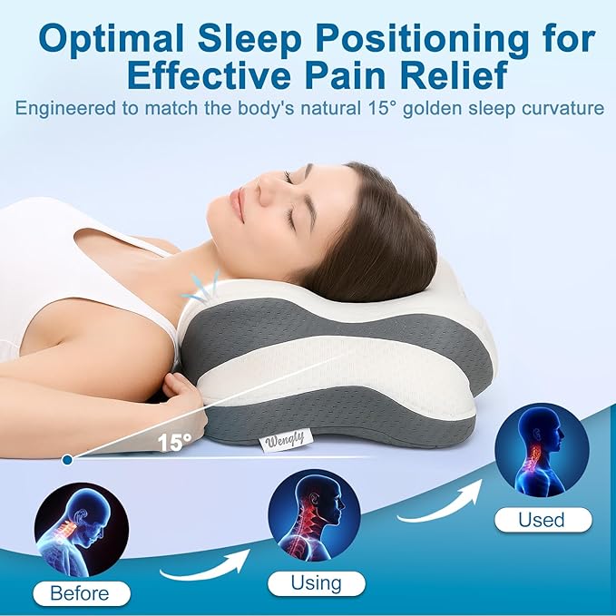 Sleep Apnea Pillow with Neck Pain & Snoring Relief -Orthopedic Cervical Pillow, Ergonomic Contour Memory Foam for Side, Back,Stomach Sleepers, Medium Firm (Light White, Queen Size 25" Lx15 Wx5.8 H)
