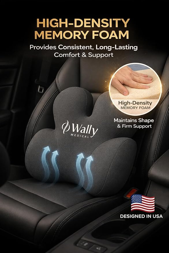 Luxury Lumbar Support Pillow for Office Chair & Car Seat – High-Density Memory Foam Ergonomic Back Support Cushion – Adjustable Strap, Removable Washable Cover – Includes Bonus Massage Roller