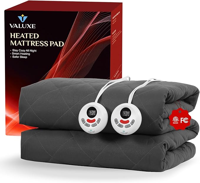Heated Mattress Pad King Size Quilted Zone Heating Electric Bed Warmer Comfort Heat Mattress Pad Cover Dual Controller(10 Heat Setting | 1-12 Hours Auto Shut Off | with 8-21 Inch Deep Pocket) Gray