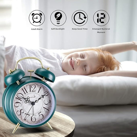 Loud Alarm for Deep Sleepers 4'' Retro & Fashionable Twin Bell Alarm Clock with Backlight for Bedroom and Home Decoration(Deep Emerald)