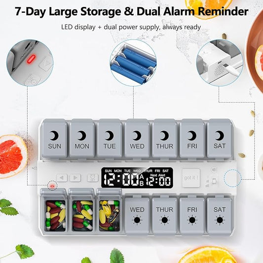 Weekly Pill Organizer with Alarms System, Removable Silicone Pill Box 7 Day 2 Time, Large Size Pill Case for Home and Travel, Secure Magnetic Base, Waterproof & Moisture Resistant (Gray)
