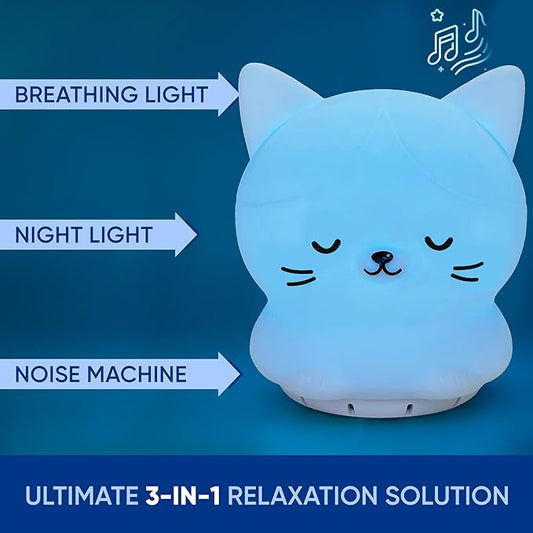 Mindfulness 'Breathing Kitty' | 4-7-8 Guided Visual Meditation Breathing Light | 3 in 1 Device with Night Light & Noise Machine for ADHD Anxiety Stress Relief Sleep - Gift for Kids Adult Women Men