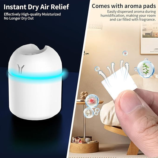 Portable Mini Humidifier, 250ML 3-in-1 Cool Mist With Aroma Pads, Colorful Night Light, USB for Car and Travel (White)