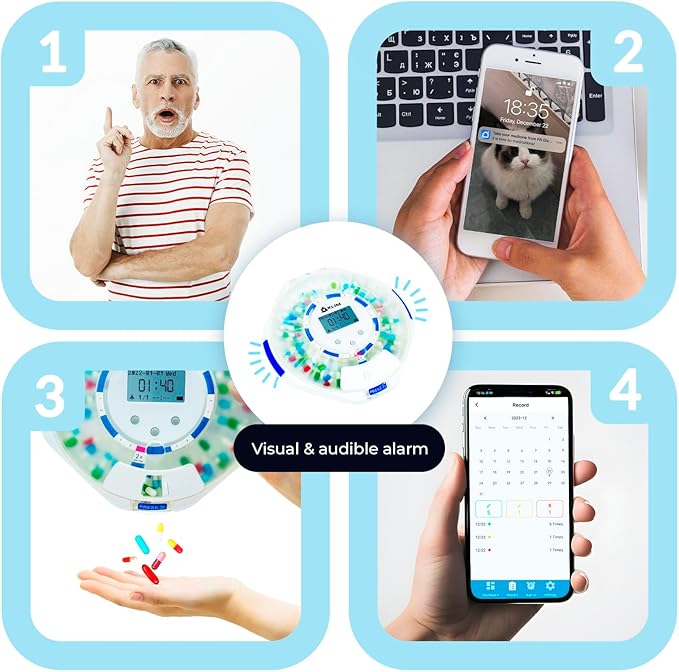 KLIM Smart Pill Dispenser with Alarm - WiFi Monitoring App - 28-Day Automatic Medicine Dispenser for Elderly & Alzheimer’s Care - Lock Key - New Version