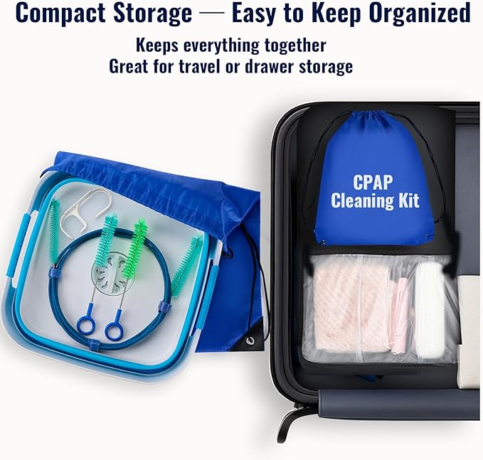 Complete CPAP Cleaning Kit with Dual-Ended 22mm & 15mm Hose Brush, Collapsible Wash Basin, 2 Detail Brushes, Hook & 210D Storage Bag for CPAP/BiPAP Tubing & Mask Care