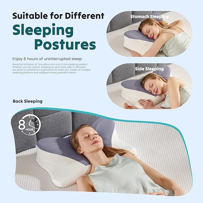 DUMOS Cervical Neck Pillow, Cooling Ergonomic Memory Foam Pillows for Neck Pain Relief with Breathable Pillowcase, Dual Height Orthopedic Support Contour Pillow for Side, Stomach Sleepers, Dark Grey