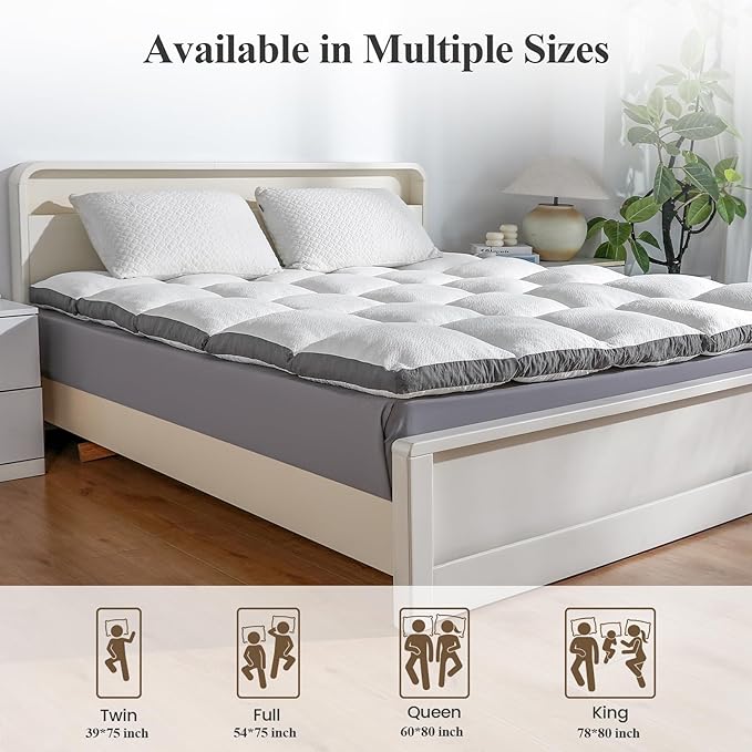 Queen Mattress Topper - Pillow Top Mattress Topper Queen Size Bed, Extra Thick Soft Plush Bed Topper for Back Pain Relief, White,Oeko-TEX Certified - 2000GSM