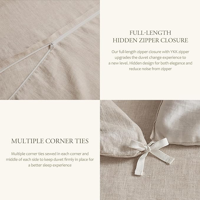 DAPU 100% Linen Duvet Cover Full 3PCs, Pure Natural French Flax Linen Duvet Cover King 80"x90" with Corner Ties and Zipper Closure, Soft Breathable Durable for Hot Sleepers (Natural Linen, Full)