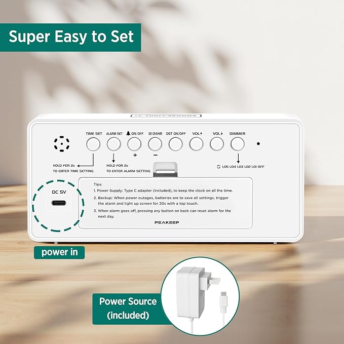 Peakeep Digital Clock, Alarm Clock Battery Backup Powered for Bedrooms โ Mirror Face Large Numbers 6 Dimmer for Seniors, Super Loud for Heavy Sleepers (White)