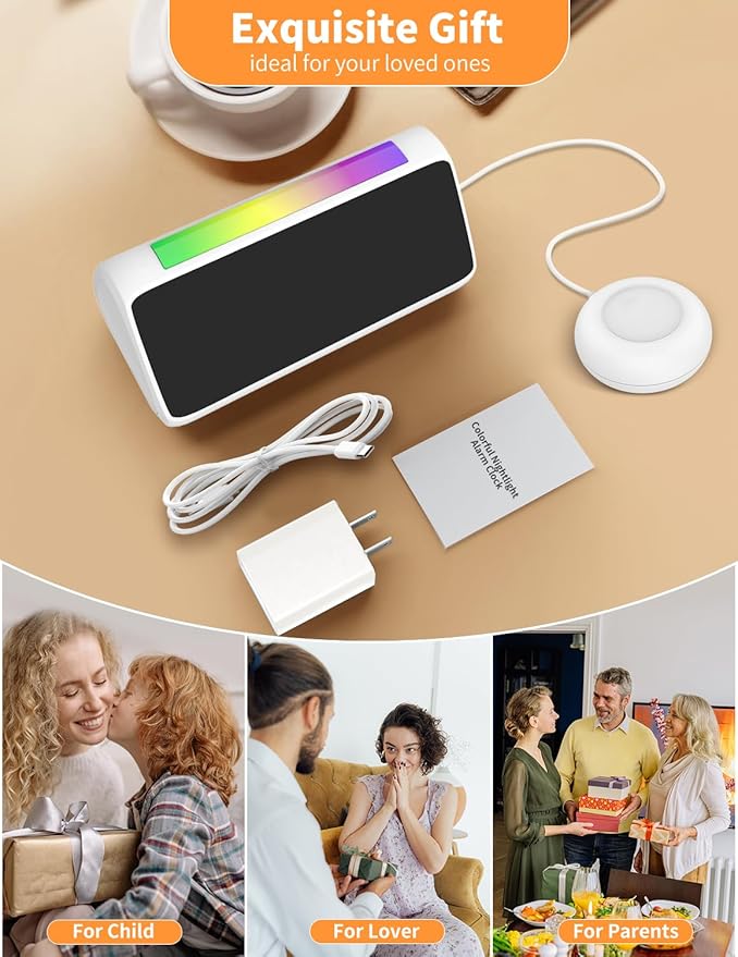 Netzu Alarm Clocks for Bedrooms Heavy Sleepers, Vibrating Alarm Clock with Bed Shaker, Night Light, RGB Display, Dimmer, Snooze for Hearing Impaired People (White)