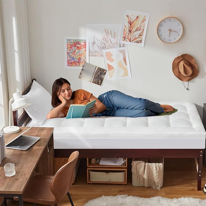 ELEMUSE Twin XL Size Dual Layer 3 Inch Memory Foam Mattress Topper for Pressure Relief, Breathable Pillow Top Mattress Pad with Deep Pocket, Enhanced Support, Non-Slip Design & Removable & Washable