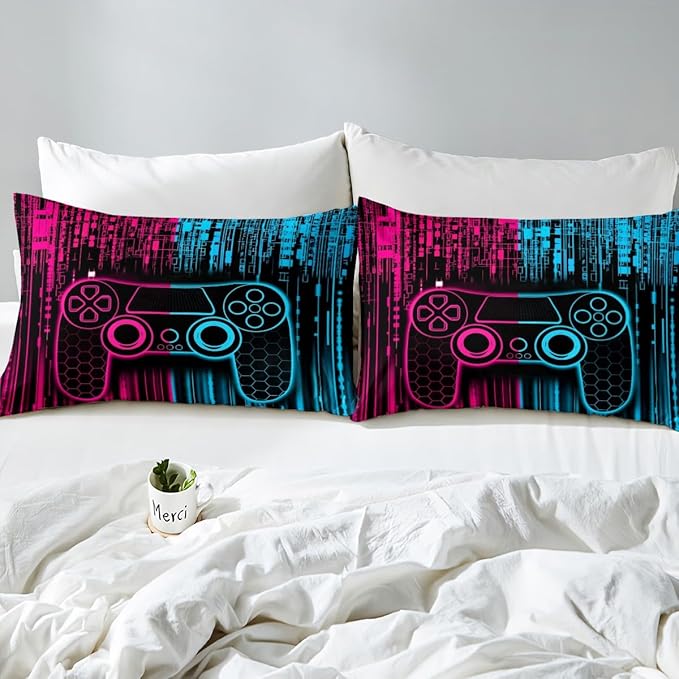 Videogames Gamepad Kids Sheet Full Size,3D Modern Gaming Controller Bedding Set,Boys Girls Room Decor,Neon Honeycomb Hexagon Geometric Pink Blue Bed Sheet Set 4pcs(Fitted + Flat + 2 Pillowcases)