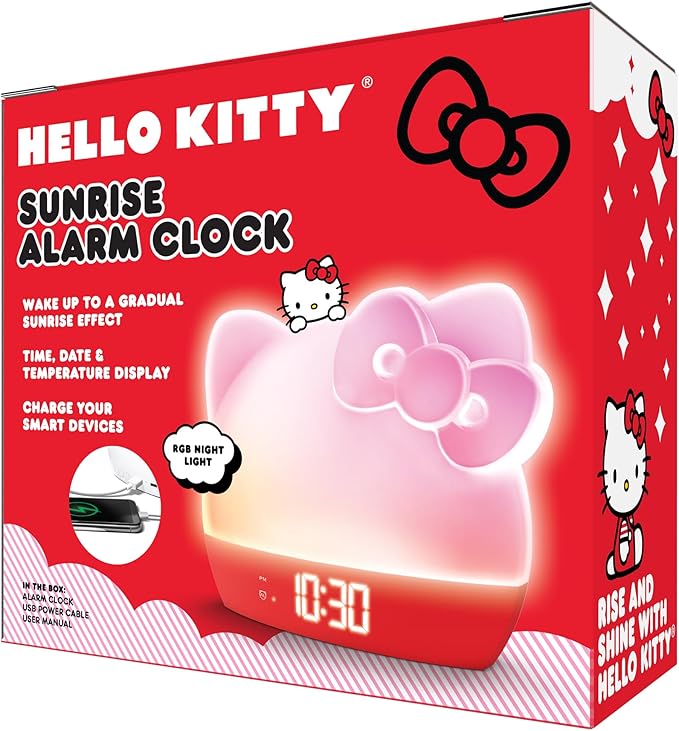 Hello Kitty Sunrise Alarm Clock with Color-Changing RGB LED Night Light – Ambient Lighting, Time/Date/Temperature Display, USB Powered w/Device Charging, Red