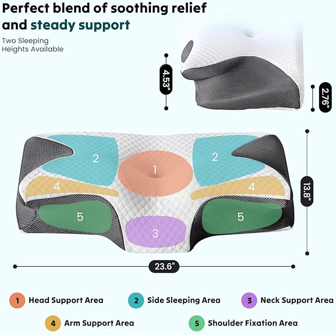 Sweetcrispy Memory Foam Cervical Pillow, 2 in 1 Ergonomic Contour Orthopedic Pillow for Neck Pain, Contour Side Sleeper for Adults, Orthopedic Neck Support for Back Stomach Sleepers, Grey