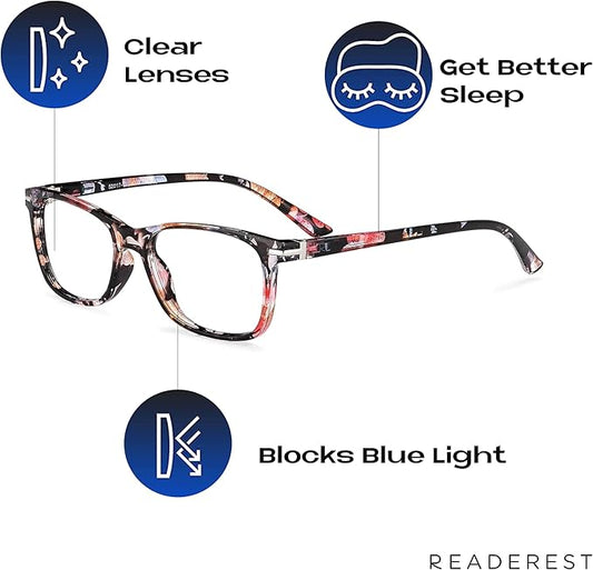 Readerest Blue Light Blocking Glasses – Thin Reflective Lens, Anti-Glare Computer Eyeglasses, UV Protection, Eye Strain Relief (Floral, 2.25 Magnification)