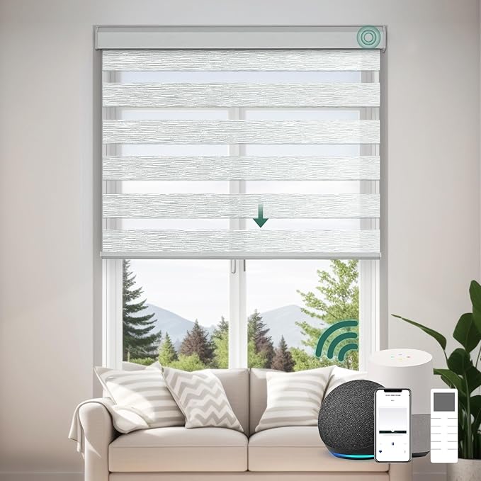 Motorized Zebra Blinds, Cordless Blackout Window Shades with Remote, Custom Dual Layer Smart Roller Shades Compatible with Alexa Google Assistant, Automatic Light Filtering Blinds,Light Grey