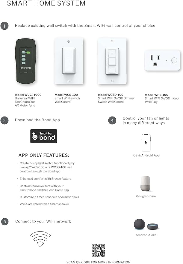 Craftmade Smart WiFi On/Off Dimmer Switch Wall Control - Voice Activation Compatible with Alexa, Google Assistant, Samsung Things, and iOS or Android App, White