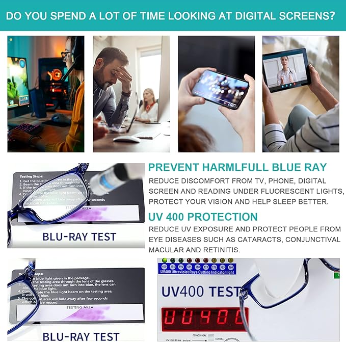 EYEURL Black Computer Reading Glasses 2 Pair Blue Light Blocking 1.75 Magnification Stylish Readers for Women Men Rectangular Frame Transparent Lens and Hard Case