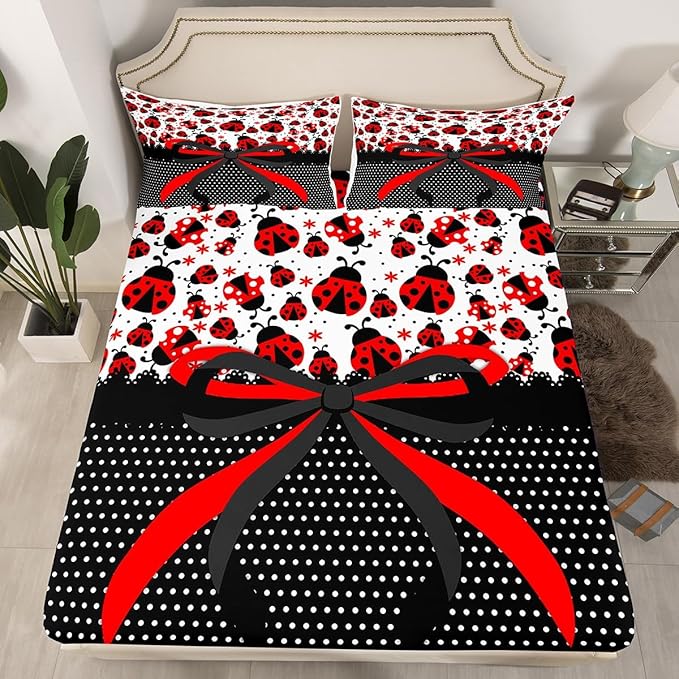 Manfei Red Black Bowknot Kids Sheet Queen Size,Ladybug Ladybird Beetle Insect Rustic Girls Boys Bedding Set Decor,Geometric Polka Dots Bow Tie Cute Bed Sheet Set 4pcs(Fitted + Flat + 2 Pillowcases)