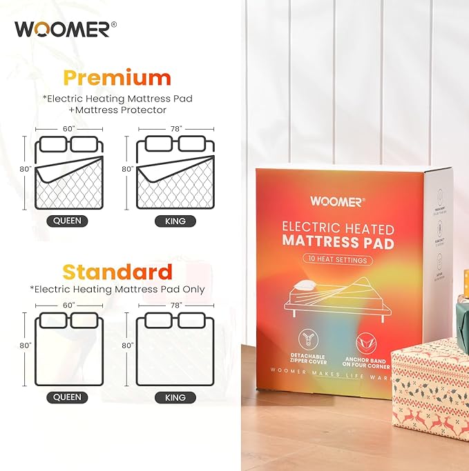 WOOMER Heated Mattress Pad King Dual Control - 78"x80" Electric Mattress Pad, 1-10 Heat Settings, 0.5-12H Auto Shut-Off, Removable Velvet Cover, 18" Deep Pocket, ETL Certified, Grey