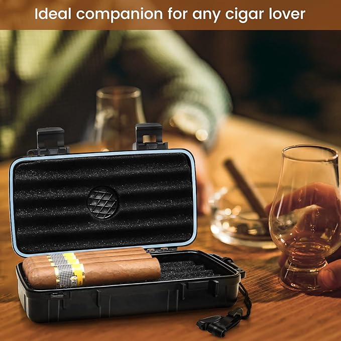 Flauno Travel Cigar Humidor Case - Portable Cigar Box kit with Humidifier Disc, Cigar Cutter, Cigar Punch, Cigar Holder & Dropper, Waterproof, Crushproof, Airtight (Holds up to 5 Cigars)