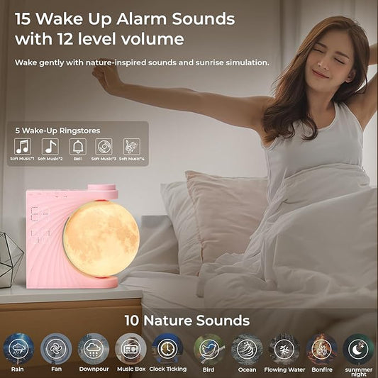 Sunrise Alarm Clock, Wake-Up Light Moon Lamp with Colourful Light Mode, 10 Fairy Sounds, 30/60/90 Timer & Dual Alarms for Girls/Teens, Cute Bedside Companion for Nursery/Kids Room (Blush Pink)
