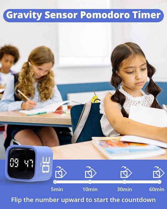 Productivity Timer Flip Gravity Sensor Cube Timer Countdown & Countup,Mute & Vibrate & Sound,5/10/30/60min & Custom Timing, Perfect for ADHD,Work,Learning,Kitchen Cooking (1Blue)