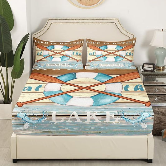 Lake House Fishing Kids Fitted Sheet Full Size,Adventure Camping Boating Nature Bedding Set,Boys Girls Room Decor,Woode Plank Rustic Retro Bed Cover,Blue Beige Bed Sheet,2 Pillowcases(No Top Sheet)