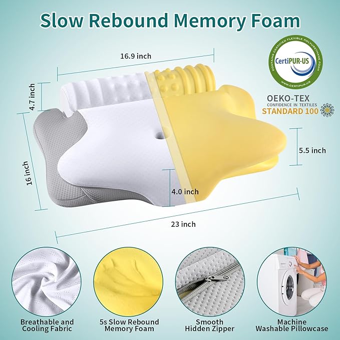 Cervical Neck Pillow - Ergonomic Memory Foam Contour Pillows for Side, Back & Stomach Sleepers, Cervical Pillow for Neck Support Sleeping with Breathable Cover