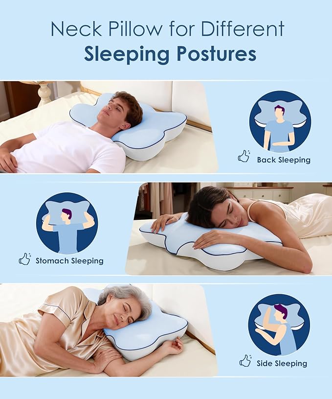 Cervical Pillow for Neck and Shoulder, Ergonomic Side Sleeper Pillow for Pain Relief, Cooling Memory Foam Pillows for Sleeping, Contour Pillow Orthopedic Bed Pillow for Back Stomach Sleepers (Blue)