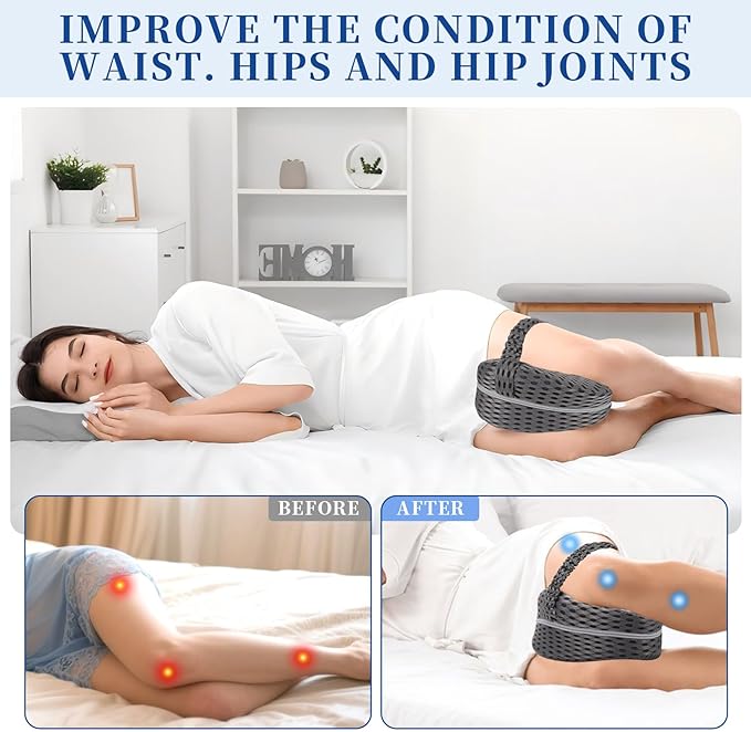 Knee Pillow for Side Sleepers - Sciatica, Hip & Back Pain Relief Pillow with Adjustable Strap, Memory Foam Leg Pillow for Side Sleeping, Spine Alignment Support for Pregnancy, Post-Surgery (Grid gray)