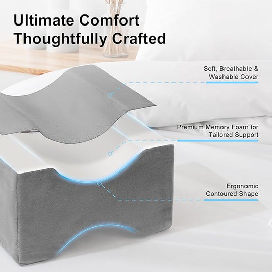 Knee Pillow for Side Sleepers,Leg Pillow for Sciatica,Back,HIPS,Knees,Joints Pain Relief,Pillows for Between Legs While Sleeping Spine Alignment Support & Relieves Pressure,Basic Strap,Natural Grey