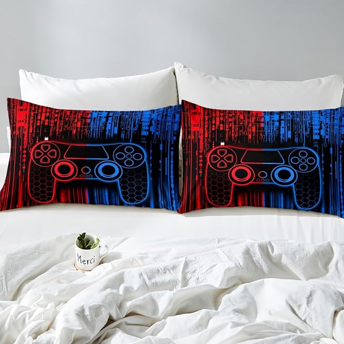 Gamer Gamepad Kids Sheet Queen Size,Video Gaming Controller Bedding Set,Boys Girls Room Decor,Geometric Honeycomb Hexagon Neon Fashion Red Blue Bed Sheet Set 4pcs(Fitted + Flat + 2 Pillowcases)