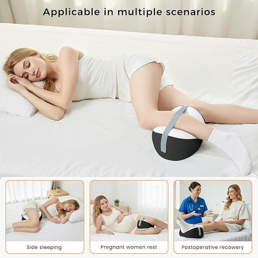 Knee Pillow for Side Sleepers, Memory Foam Leg Pillow for Spine Alignment, Sciatica, Hip & Joint Pain Relief, Breathable Cover & Adjustable Strap for Side/Back Sleepers