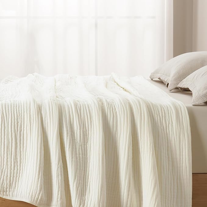PHF Cooling Muslin Blanket Queen Size 90"x80", 6-Layer Lightweight Gauze Blanket Made from 35% Rayon Derived from Bamboo & 65% Cotton, Breathable & Ultra Soft Cozy for Hot Sleepers, Snow White