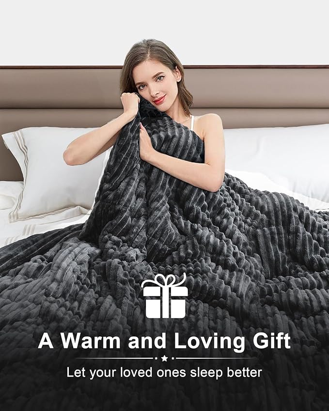 Sherpa Fleece Adult Weighted Blanket 20lbs with Ribbed Stripes, Dual Sided Fuzzy Warm Blanket for Couch Bed Sofa, Heavy Thick Blankets with Ceramic Beads Great for Sleep, Dark Grey, 60" x 80"