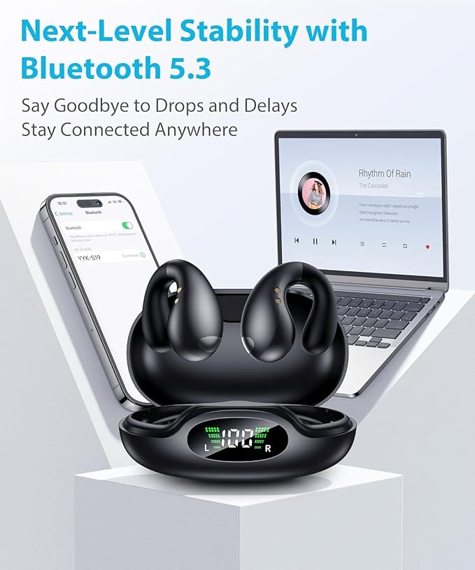 Ultra Open Ear Earbuds - Ergonomic Clip-On Earbuds, Bone Conduction Over-The-Ear Headphones with Waterproof Design and Secure Fit for Small Ears, Carbon Black